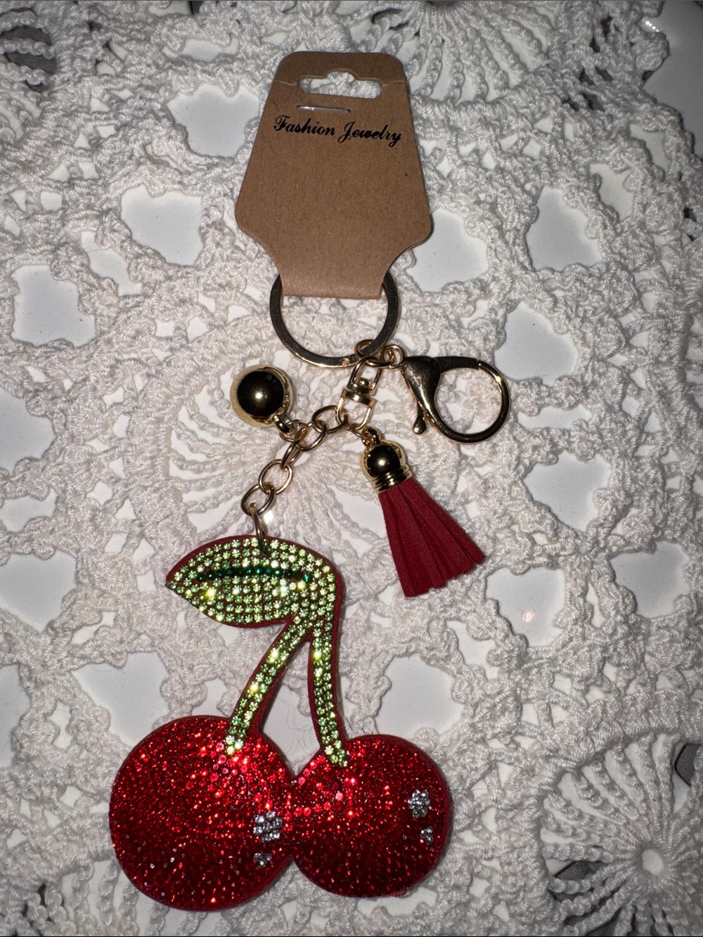 Sparkling Cherry Keychain with Red Tassel